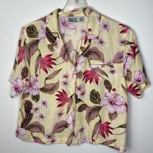 Chicos Design Floral Print Short Sleeve Button-Up Shirt Size 2 Linen Blend Top
